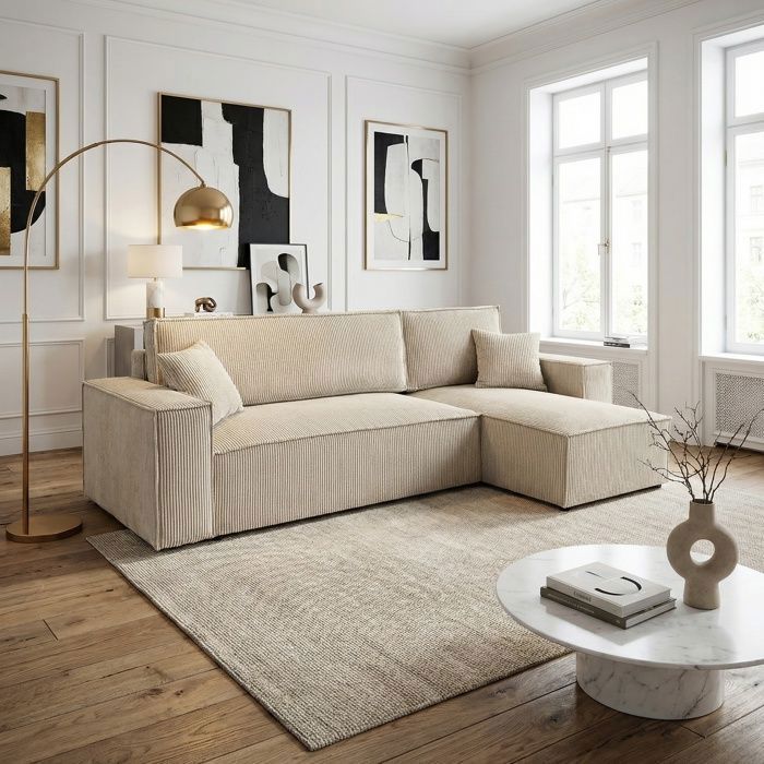 LISA Eckschlafsofa mit umkehrbarem Stauraum in beigefarbenem Cord