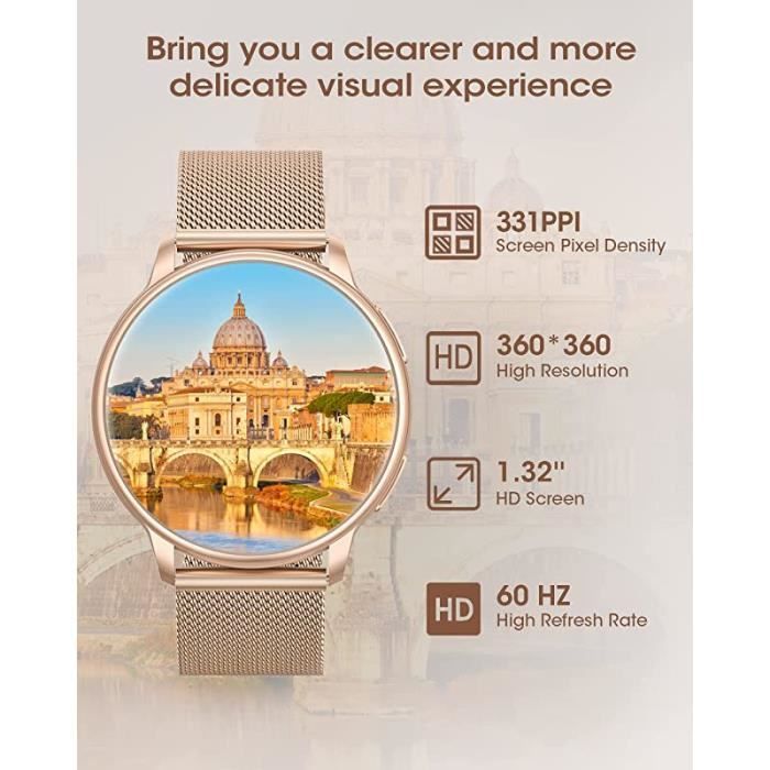 Montre Connectée Femme, avec Appel Bluetooth 1.32 HD Montre Intelligente avec Fonction FéminineSpO2CardiaqueSommeil19 or