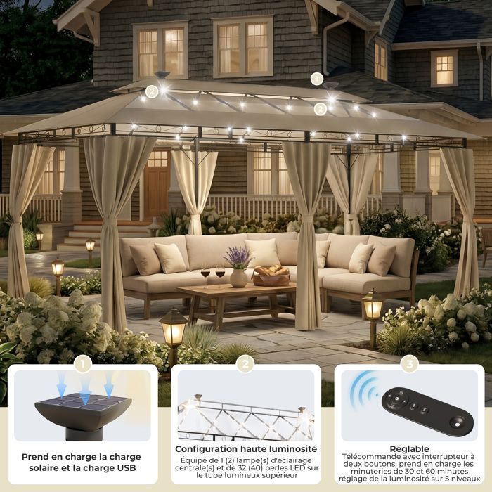 Cenador de jardín de 3x6 con iluminación, cenador de lujo impermeable, pérgola de jardín exterior para 8-10 personas, color beige.