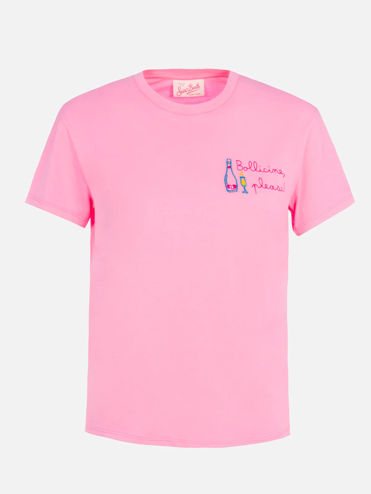 Emilie dames T-shirt met ronde hals, roze katoenen jersey en borduurwerk.