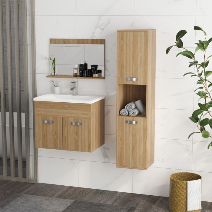 Bathroom Furniture Set - Kleankin - 4 Pieces - Wall Mounted - Mirror, Vanity Unit, Sink and Tall Cabinet - Natural