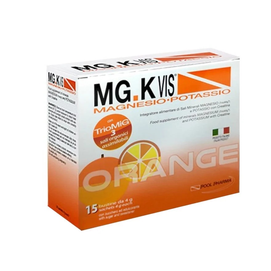 MGK-VIS MG.K Vis Complément alimentaire à base de magnésium, potassium, orange, sans sucre, sels minéraux, 15 sachets, complément énergétique