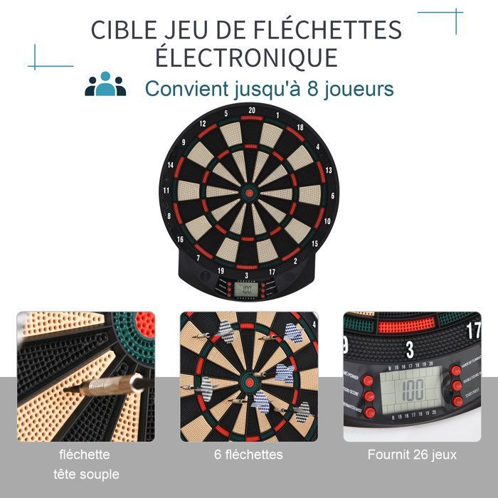 Diana electrónica - HOMCOM - 26 juegos, 185 variaciones, 8 jugadores, 30 puntos de dardo, LCD - plástico - negro