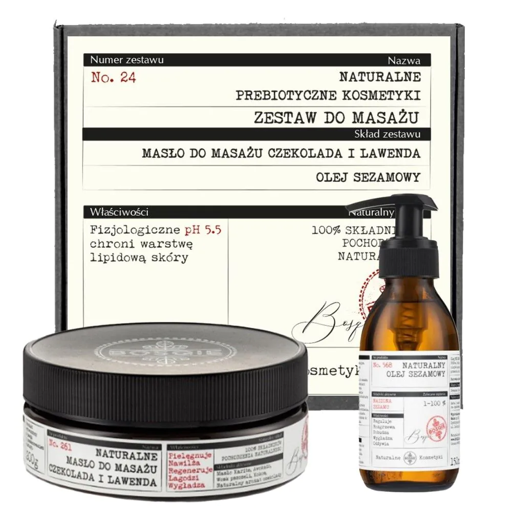 Bosqie Zestaw do masażu (Masło Czekolada Lawenda 200g + Olej sezamowy 150ml)
