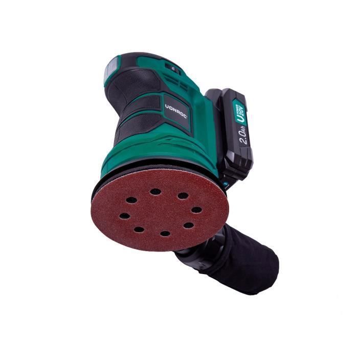 Lijadora orbital aleatoria inalámbrica de 20 V - Ø125 mm - 1 batería de 2,0 Ah, cargador de batería, bolsa para el polvo y 12 hojas de lija.