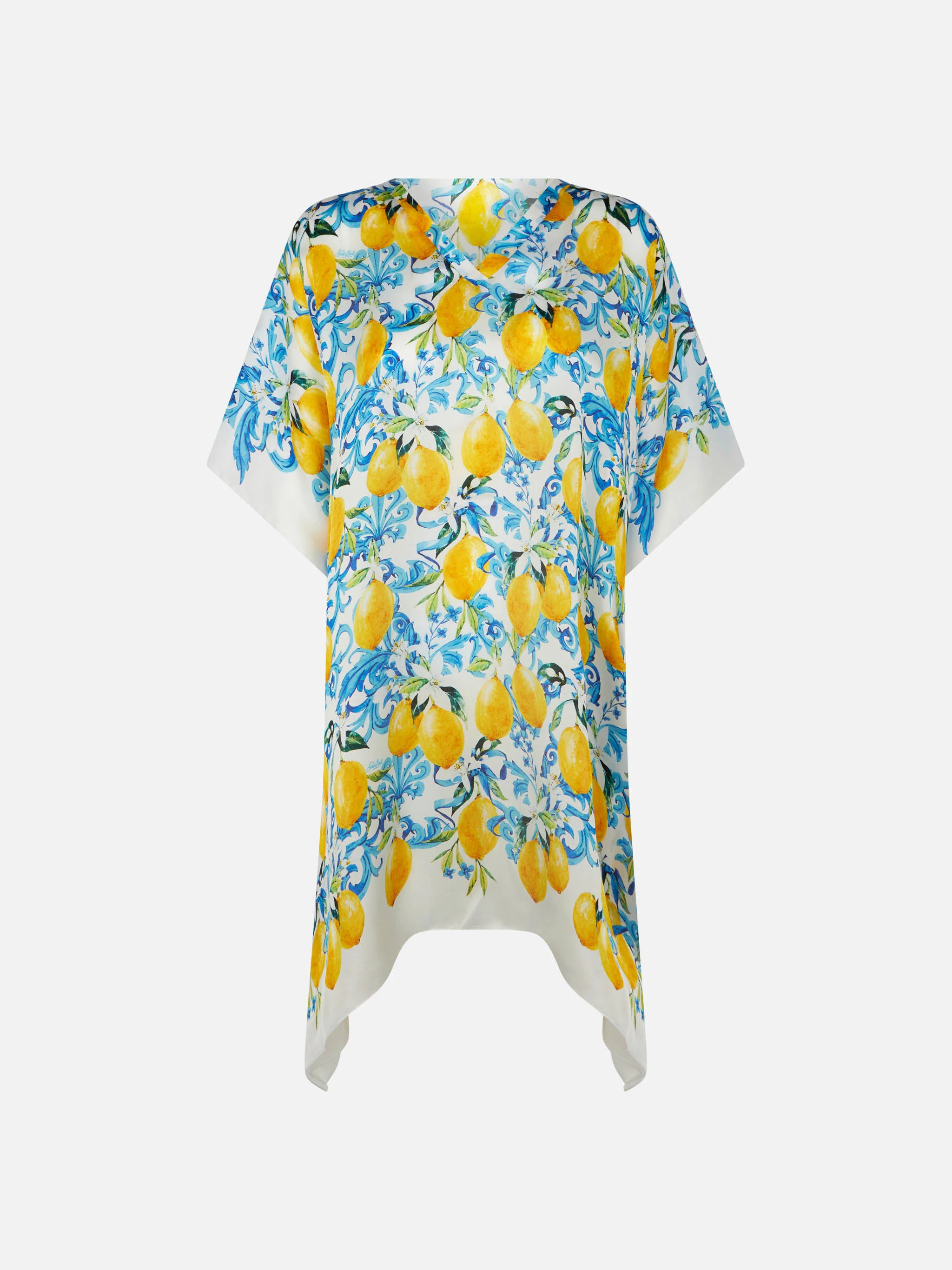 Zijden kaftan met citroen- en majolica-print.