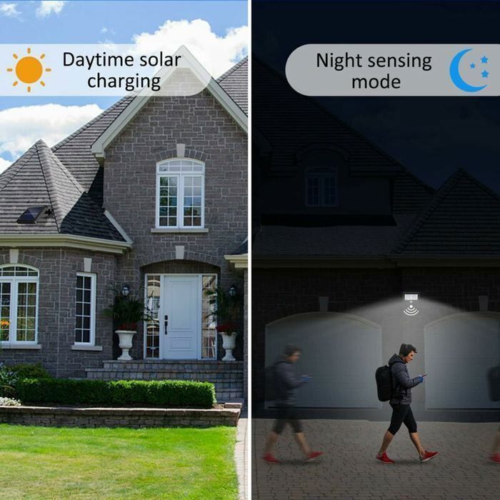 Lámpara solar exterior con detector de movimiento, foco solar LED, resistente al agua IP65, ángulo de iluminación de 120°.