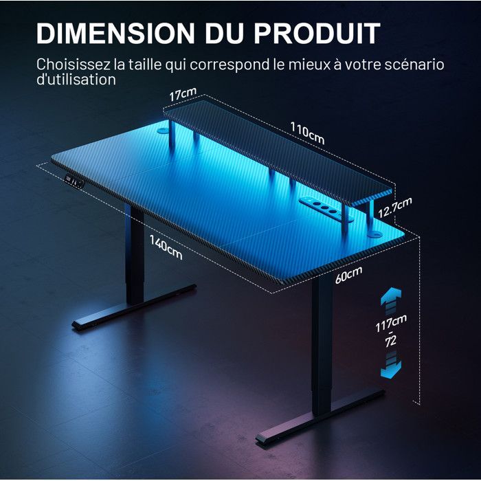 HLONONE LED Elektrisch Zit-Sta Bureau 140 x 60 cm, Gaming Bureau met Geïntegreerd Stopcontact & USB-poort, 3 Geheugenfuncties, Zwart