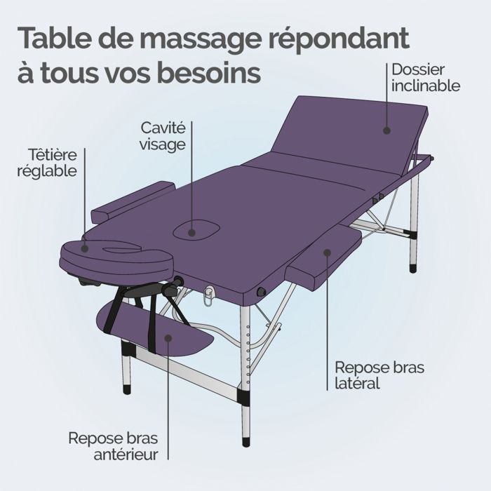 Lettino da massaggio pieghevole in alluminio a 3 sezioni + accessori e custodia per il trasporto - Viola - Vivezen