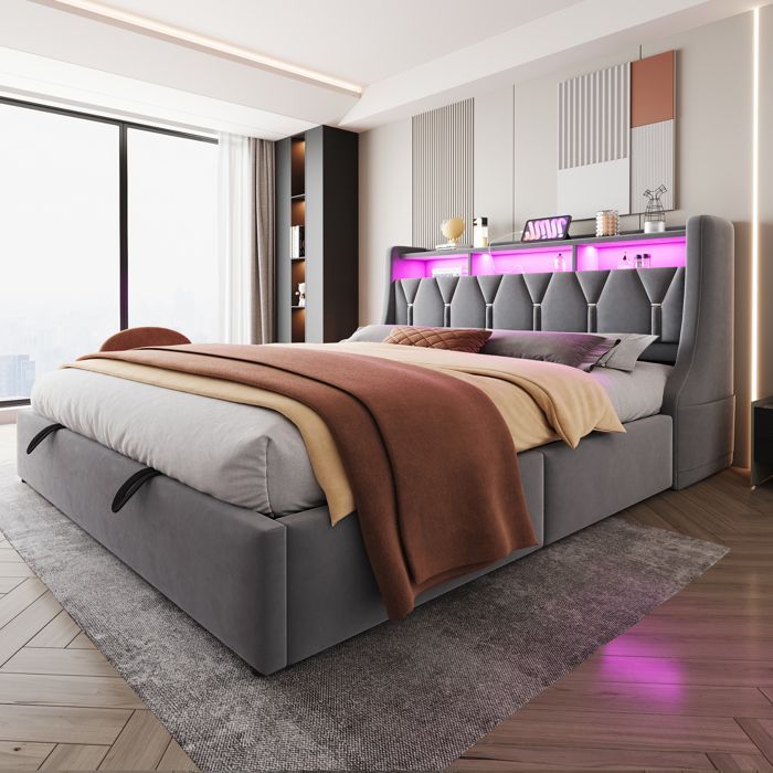 Lit Coffre 180x200 Capitonné avec LED et Prise Intégrée, Ouverture Hydraulique, Sans Matelas - Velours Gris
