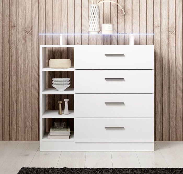 Flurschrank mit 4 Schubladen | Hochglanzweiß | Glasablage und LED-Beleuchtung | B 80 x T 35 x H 87,5 cm | Modell Paola 4C