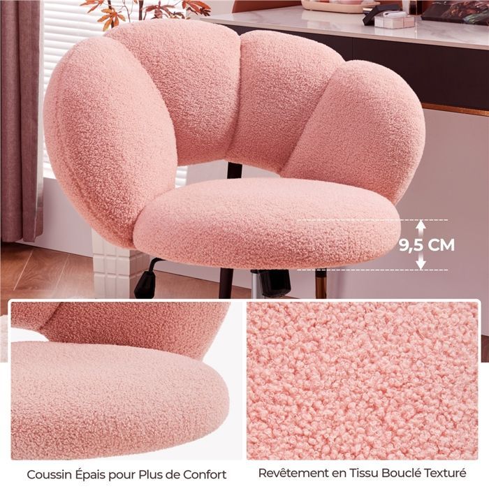 Silla de oficina Yaheetech Cloud Design en tela bouclé con respaldo elástico y asiento regulable en altura, color rosa.