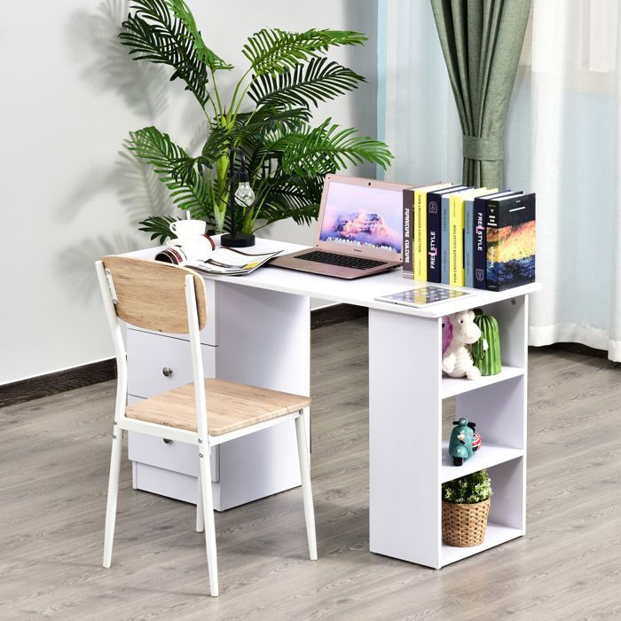 Escritorio para ordenador - HOMCOM - mueble multimedia multifuncional con 3 cajones y 2 estantes - madera - 120x49x72cm - blanco