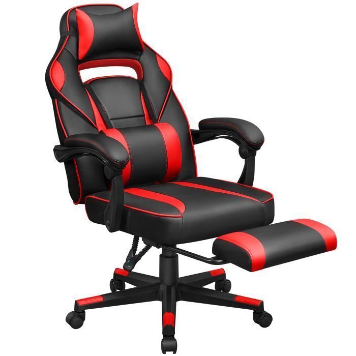 Sedia da gaming SONGMICS, sedia da ufficio, regolabile, poggiapiedi telescopico, meccanismo a dondolo, portata massima 150 kg, nera e rossa