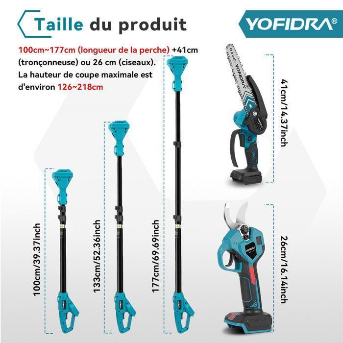 Podadora de pértiga YOFIDRA de 8 pulgadas + tijeras de poda de 28 mm, pértiga de 100-177 cm, 2 baterías de 3000 mAh.