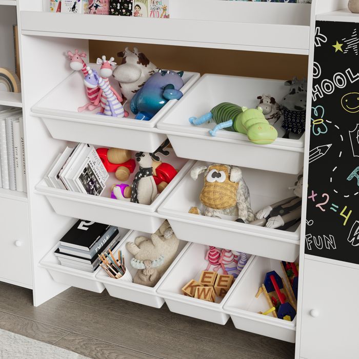 Mueble de almacenamiento de juguetes infantiles, estantería infantil con 8 cajas y estantes extraíbles, estantería infantil de 137x30x94 cm, blanca.