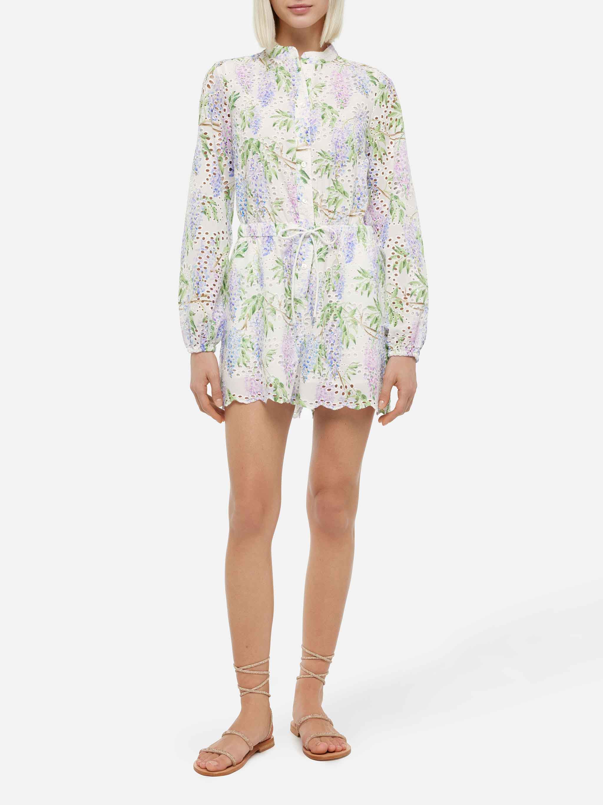 Julian korte jumpsuit van Sangallo kant en katoen met bloemenprint.