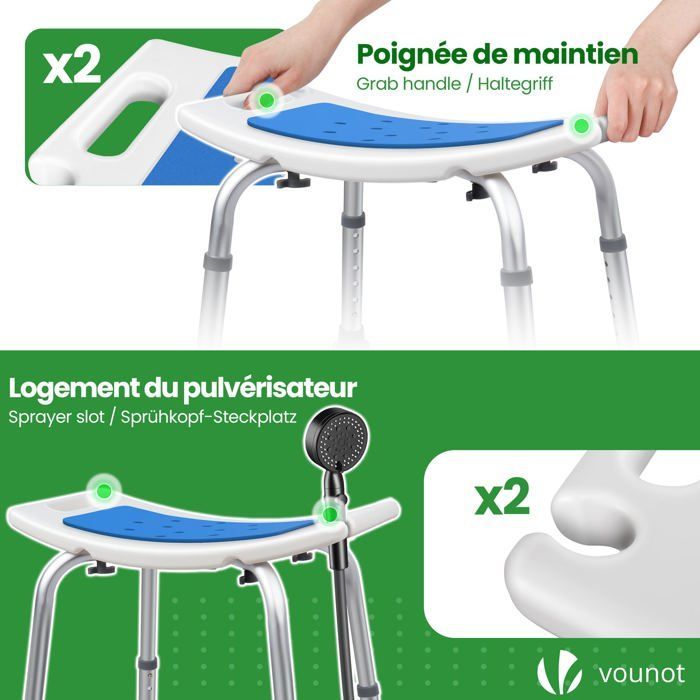 Asiento de ducha ergonómico VOUNOT® - Altura ajustable - Patas antideslizantes - Taburete de aluminio y HDPE - Azul