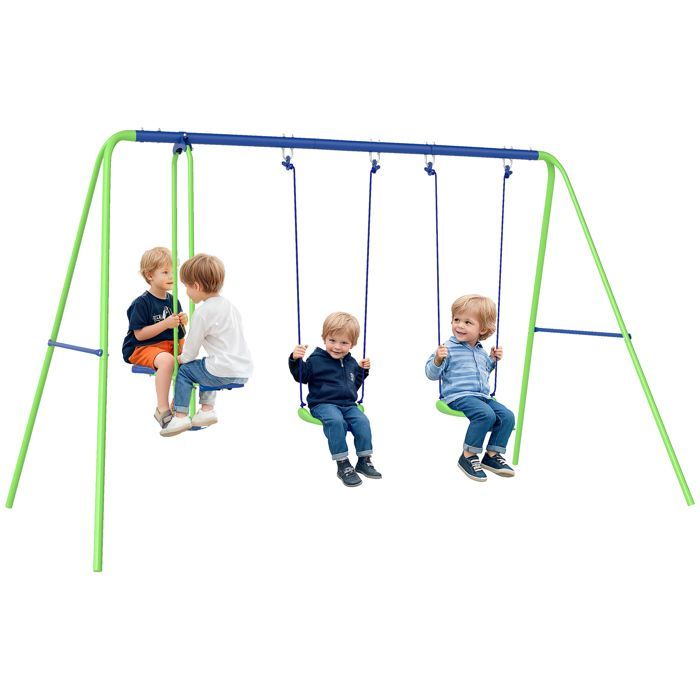 Balançoire - Outsunny - 3 agrès portique -  avec 2 balançoires - 2,8L x 1,4l x 1,78H m - métal époxy anticorrosion PE - Vert Bleu