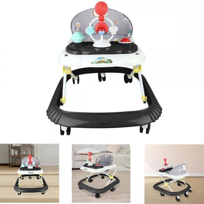 Andador para bebé 4 en 1, negro - Con bandeja interactiva multiactividad extraíble con música - Ajustable y plegable