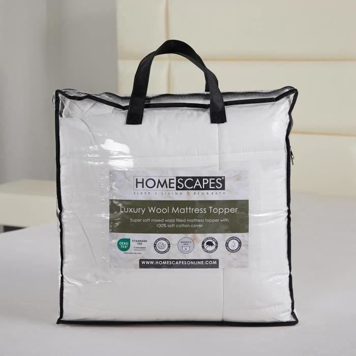 Protetor de colchão - HOMESCAPES - 160x200 cm - Lã Merino - 800 g/m² - Hipoalergênico - Termorregulador