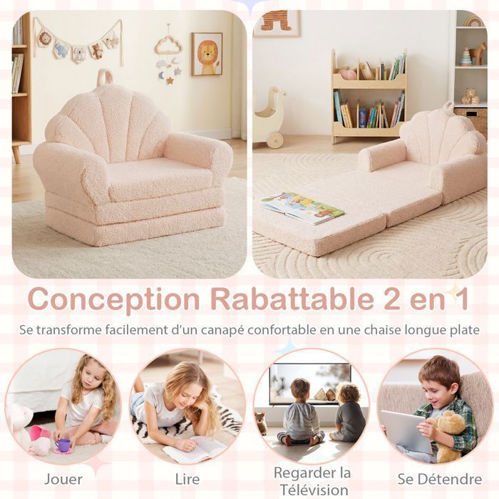 Canapé pour Enfants Pliable COSTWAY  Convertible 2-en-1 avec Motifs de Coquillages, Poignée Légère, Base Anti-Dérapante, Beige