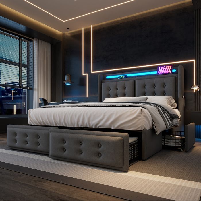 Erwachsenenbett 180 x 200 cm aus Leinenstoff – mit LED-Beleuchtung und Ladeanschlüssen – 4 Schubladen – mit Lattenrost – Grau