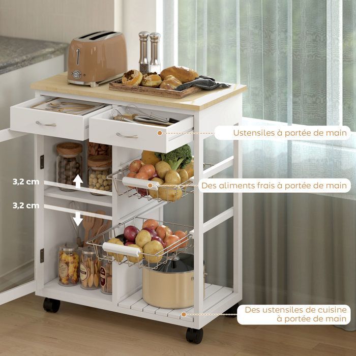Desserte de cuisine - HOMCOM - sur roulettes - plateau en bambou, porte vitrée, 2 paniers et 2 tiroirs - MDF - 67x35x80cm - blanc