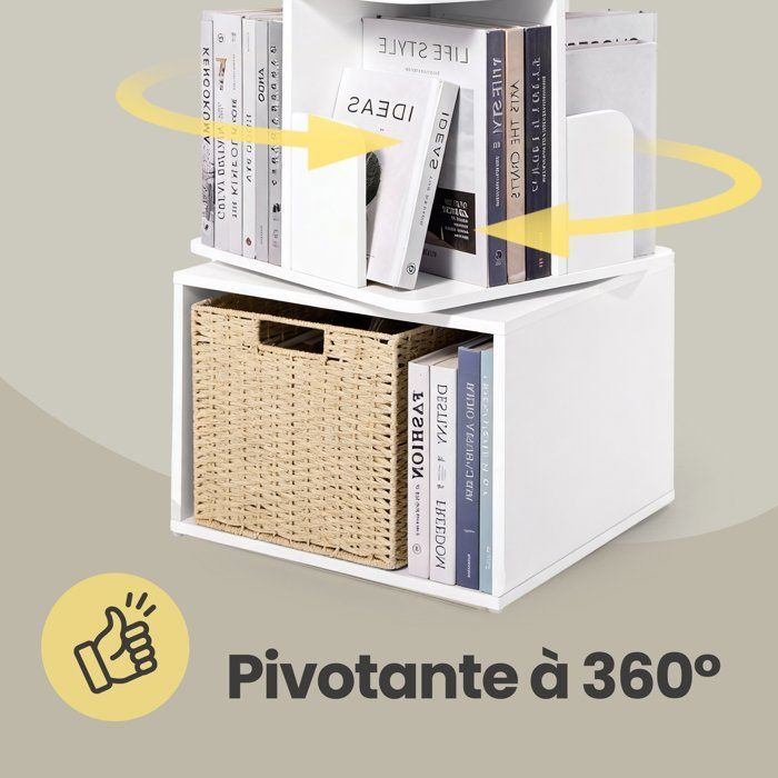 Mensola girevole a 360°, mobile contenitore a 4 ripiani, libreria aperta per soggiorno, camera da letto, ufficio, bianca