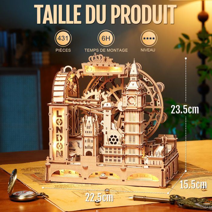 Rompecabezas de madera 3D para armar - Pista de canicas de Londres de ROBOTIME, regalo para adolescentes y adultos.