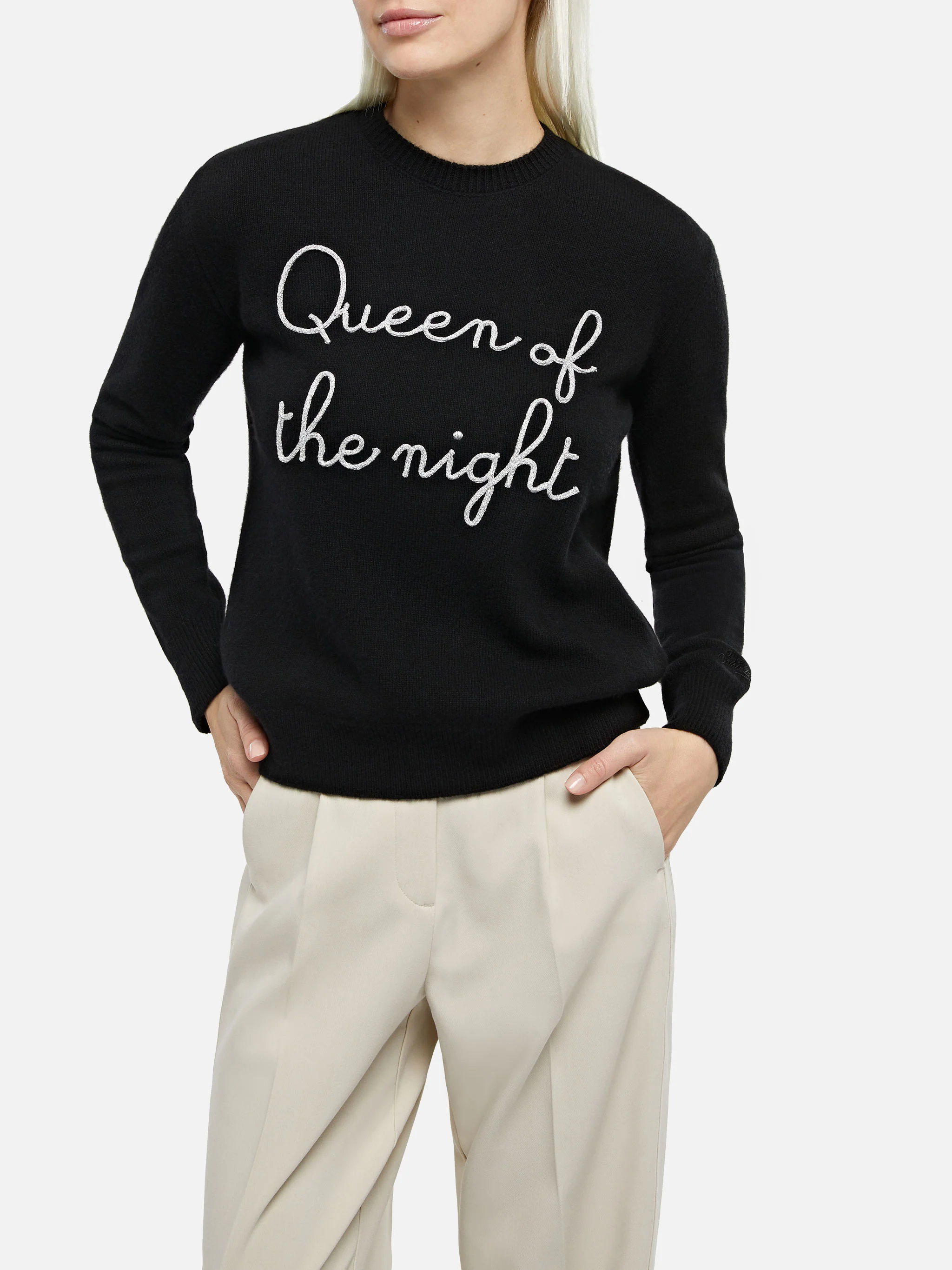 Zwarte damestrui met ronde hals en geborduurd 'Queen of the Night'-logo | Geborduurd St. Barth-logo | MC2 Saint Barth
