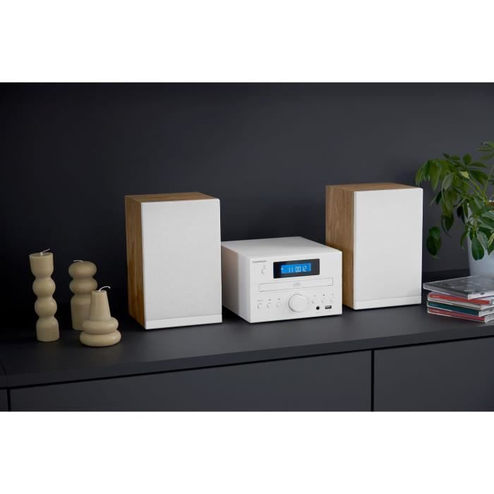 Sistema de micro alta fidelidad THOMSON COSY MIC121BT: reproductor de CD, Bluetooth, radio FM, MP3, USB, madera y blanco.