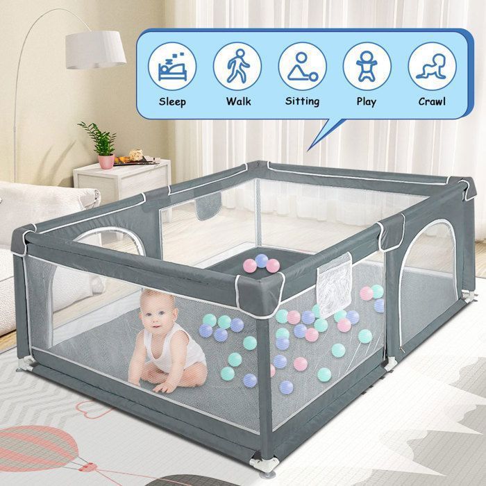 Parque infantil XXL para bebés - MIPAN - Con puerta con cremallera + bolsa de almacenamiento - Resistente a las mordeduras - Antichoque - Para niños de 3 a 4 años - 120 x 160 x 66 cm - Gris