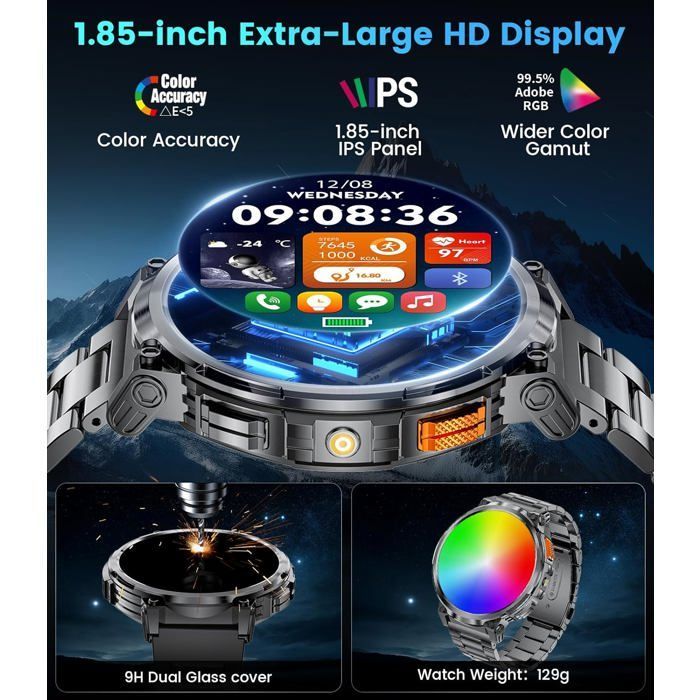 Smartwatch da uomo con chiamate Bluetooth/batteria da 730 mAh, ampio schermo HD da 1,85