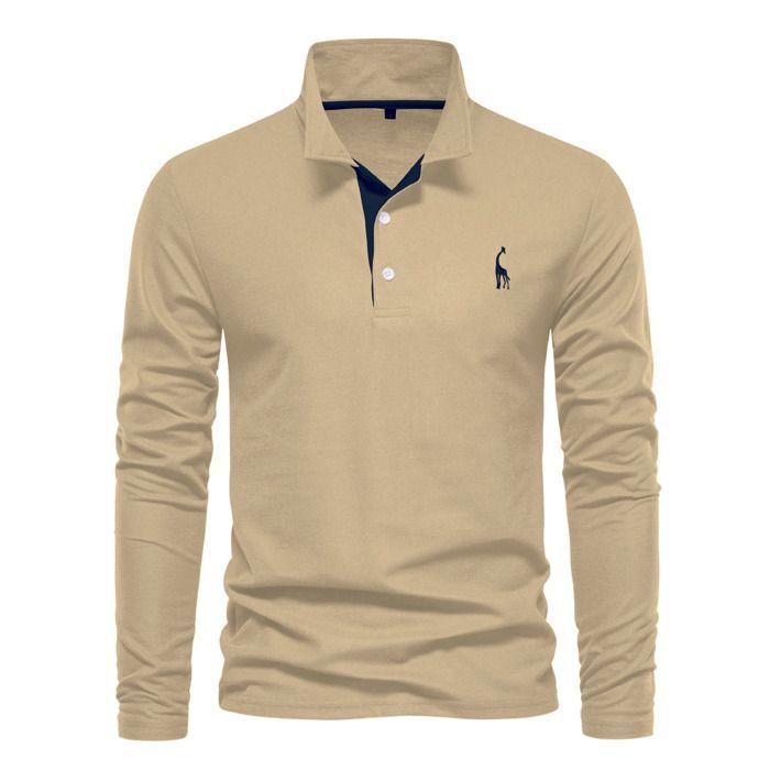 Polo da uomo a maniche lunghe con motivo ricamato autunnale - color kaki