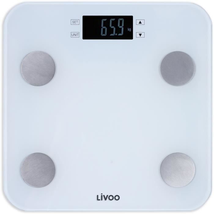 Pèse-personne impédancemètre - LIVOO - DOM427W - 7 indicateurs - Max 180 kg - 13 profils - LCD - Marche et arrêt auto - Blanc