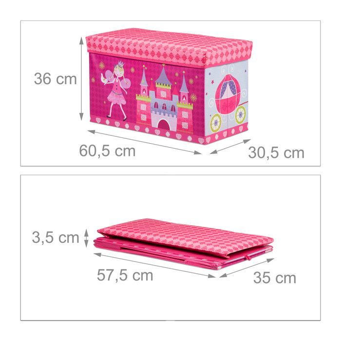 Relaxdays Tabouret Coffre à jouets boîte à jouets couvercle pouf enfant pliable princesse rangement fille 50L, rose