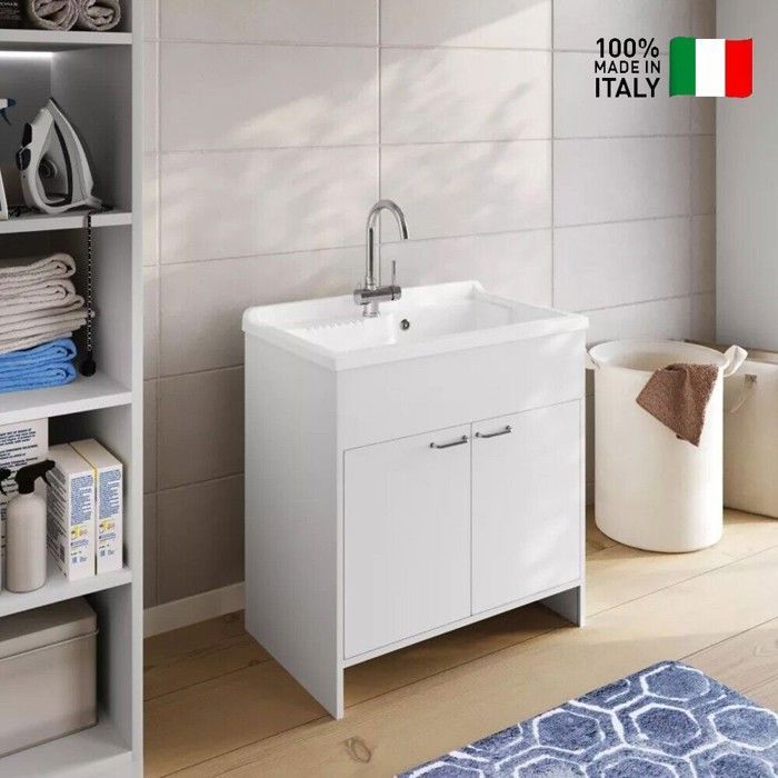 Meuble buanderie double porte PVC avec vasque bac à laver polypropylène 80x50 Blanc
