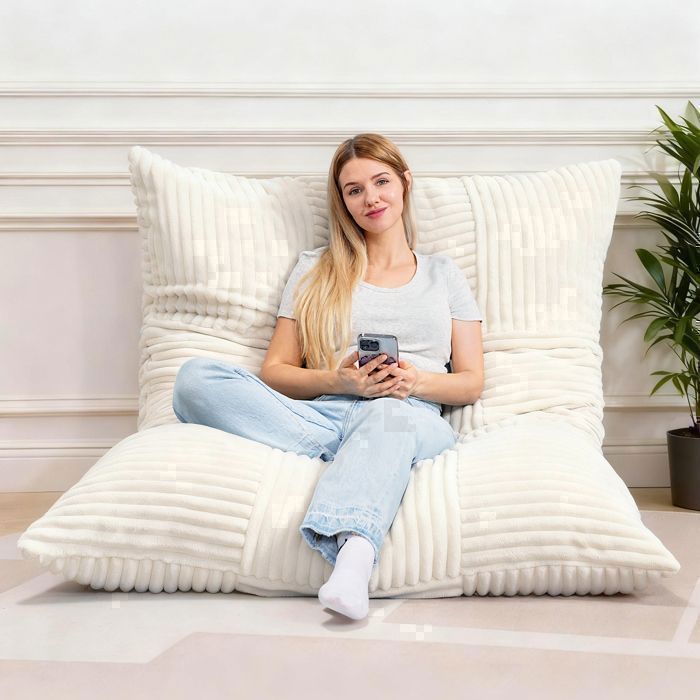 Puff gigante bege 3 em 1 conversível – veludo cotelê, 1 lugar, sofá-cama e cadeira de chão confortável, capa lavável à máquina
