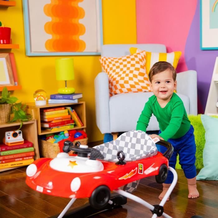 BRIGHT STARTS 3-in-1 Foldable Baby Walker, Small Car, 3 Developmental Play Modes, Red, Baby Gift