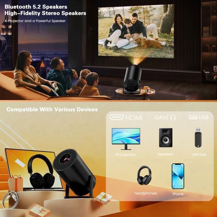 [Built-in App] 4K 1080P Video Projector, Mini Portable Full HD 1080P Projector 5G WiFi 6 BT 5.4 - Black