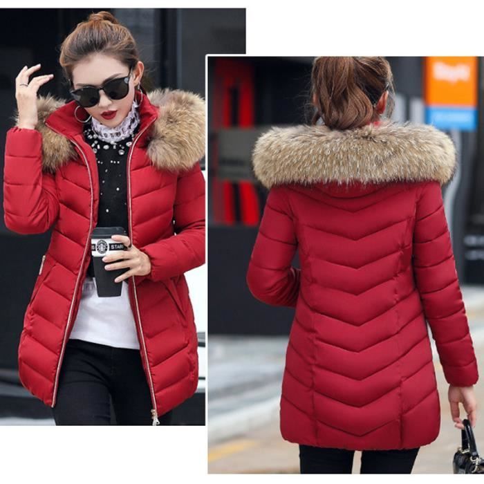 Doudoune Femme - LEOCLOTHO - Rouge - Capuche Amovible - Fausse Fourrure
