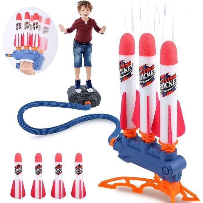 Jouet Lance Roquettes pour Enfants, Tire Jusqu'à 100 pieds, 4 Fusées en Mousse Colorées,Rampe de Lancement Stomp