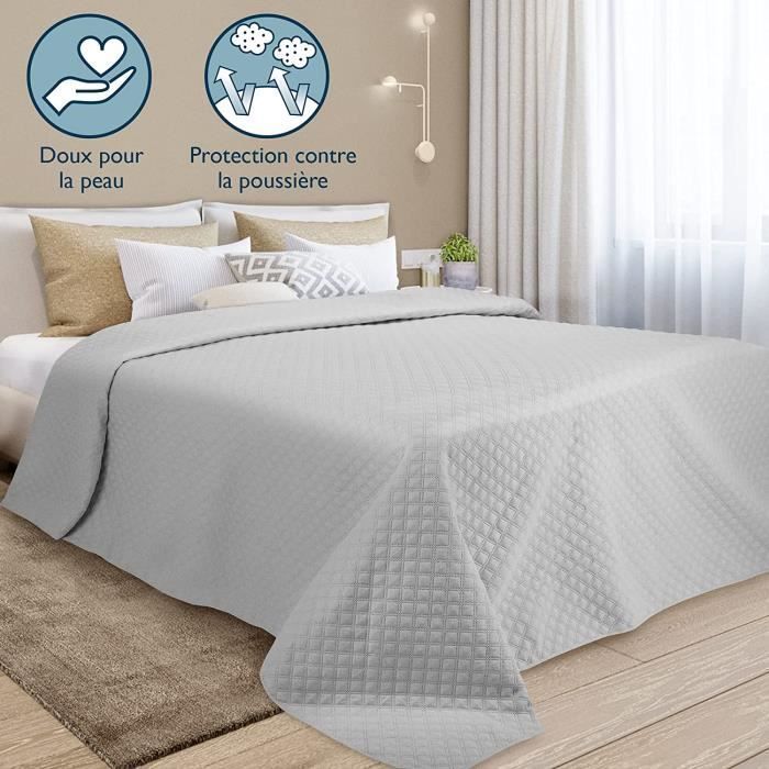 Beautissu Olivia – Grand Couvre Lit 240x260 cm Jeté de Lit Matelassé – Couverture Gris Jeté de Lit Respirant
