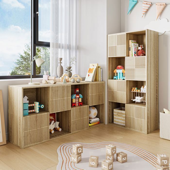 Librería modular de 8 cubos con 4 puertas, estante de 4 niveles, mueble de almacenamiento para salón, dormitorio u oficina, 125x30x60 cm, madera clara.