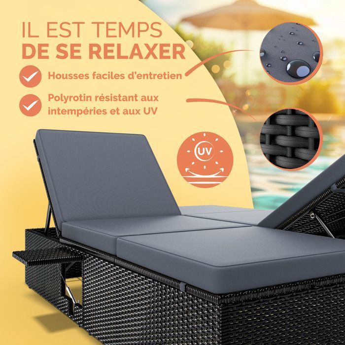 Tumbona doble CASARIA, negro/antracita, extremos ajustables, silla de exterior de ratán sintético para 2 personas.