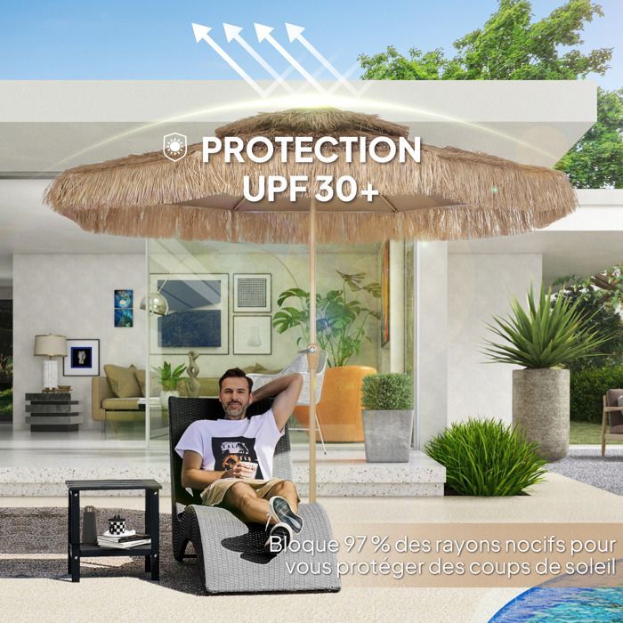 Sombrilla de jardín de paja para exteriores - Outsunny - Ø 294 cm - 8 varillas metálicas - 140 g - Protección UV con manivela - amarilla