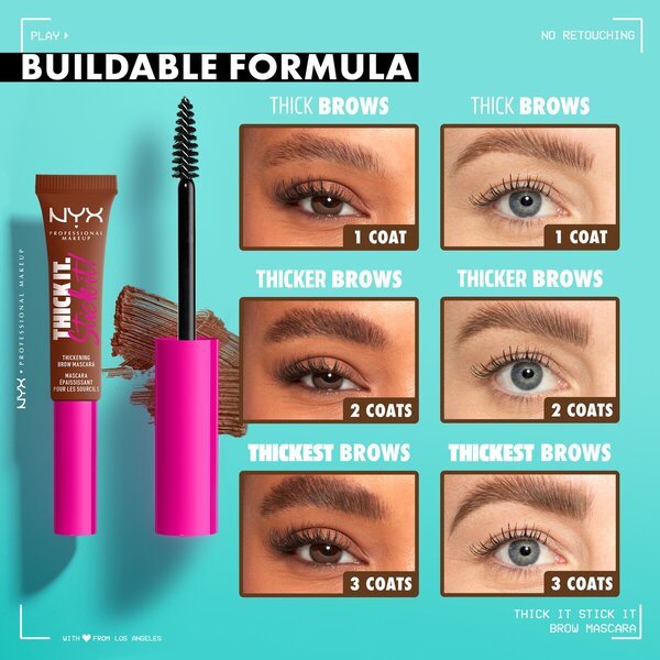 NYX Professional Makeup Thick It. Stick It! Vēsi pelnu brūnas uzacu skropstu tuša<br>