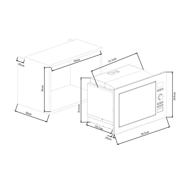 Microondas empotrable con grill CONTINENTAL EDISON CEMO25GE2, color plata, 59,5 x 38,8 x 40 cm, 25 L.