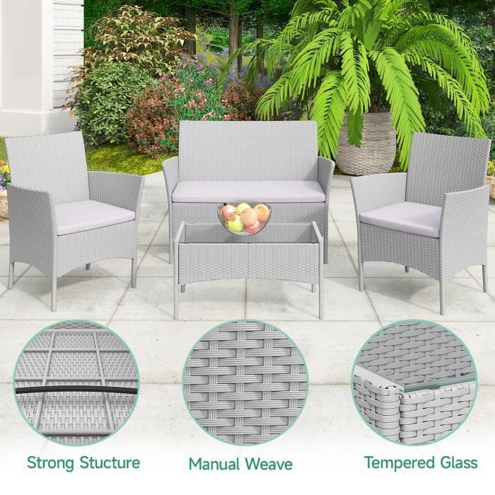 Salon de jardin | résine tressée imitation rotin | 4 personnes | avec 2 Fauteuils, 1 Canapé et 1 Table | Gris